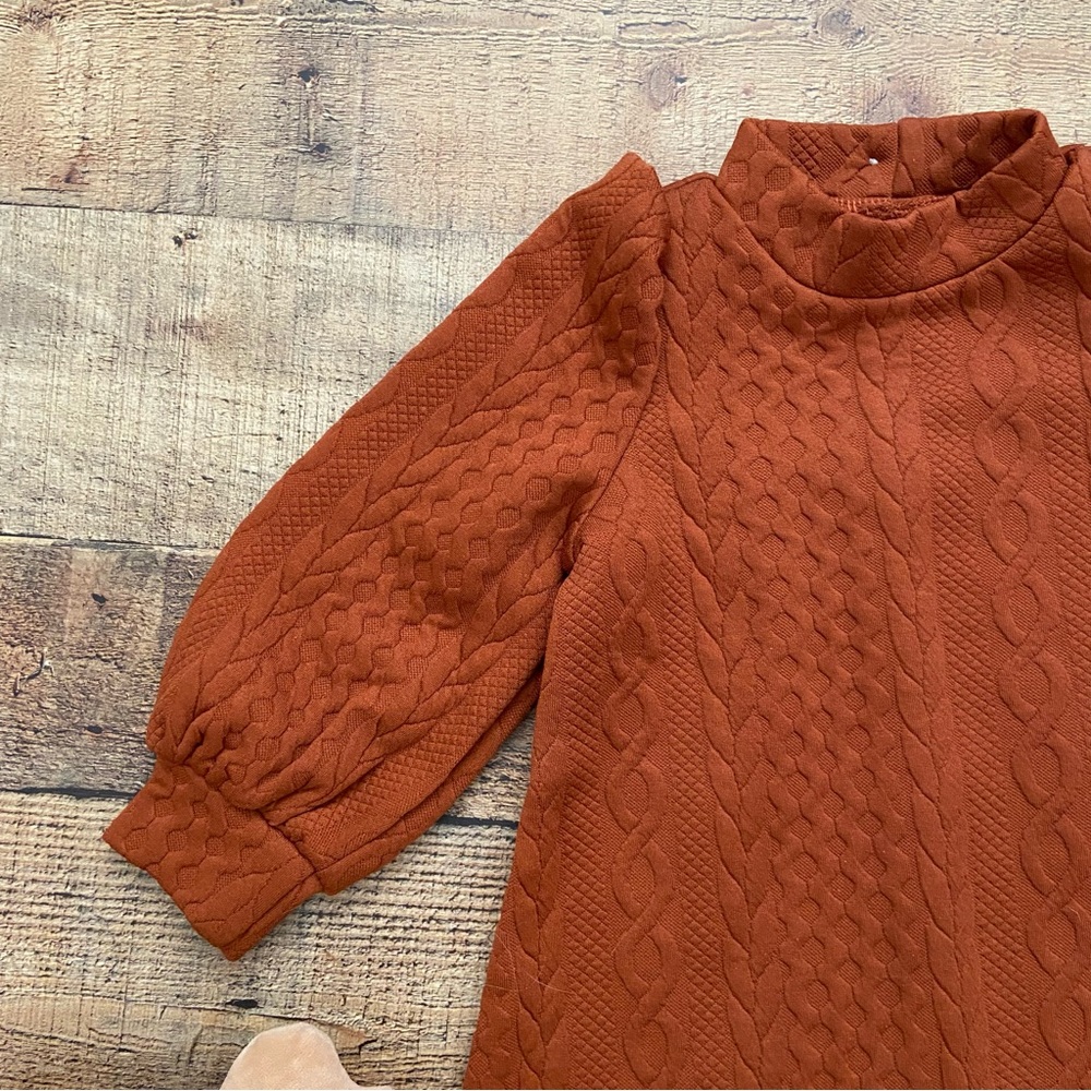 Dress Adorable Knit Rust Puff Sleeve Mock Neck Dress - Picture 3 of 10